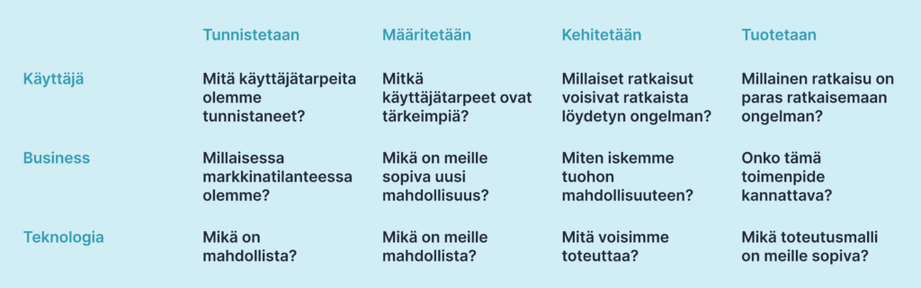 Taulukossa kuvataan idean käsittelyä kolmesta näkökulmasta: käyttäjänäkökulma, liiketoiminnallinen näkökulma ja teknologian näkökulma. Jokaisessa näkökulmassa selvitään ensin mahdollisia ratkaisua kaipaavia ongelmia, sitten valitaaan ongelmista se, jota aletaan ratkaista. Seuraavaksi kehitetän erilaisia ratkaisumalleja, ja lopuksi valitaan niistä toteutettavat.