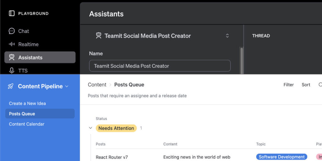 Top half of image shows a tightly cropped screenshot of the Teamit assistant from the Open AI platform playground. The lower half displays a tightly cropped screenshot from posts queue from an Airtable interface.