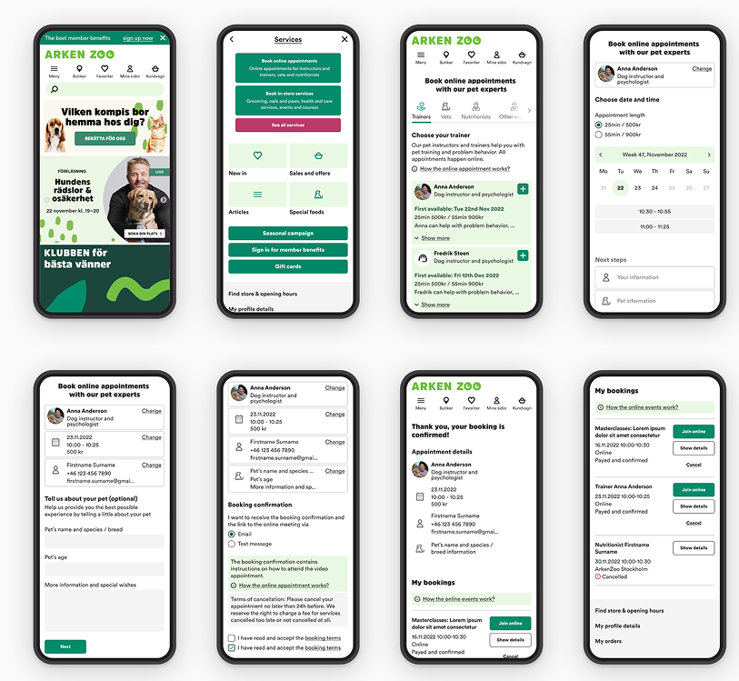 MustiGroup 8 mobile screens showing a service booking flow