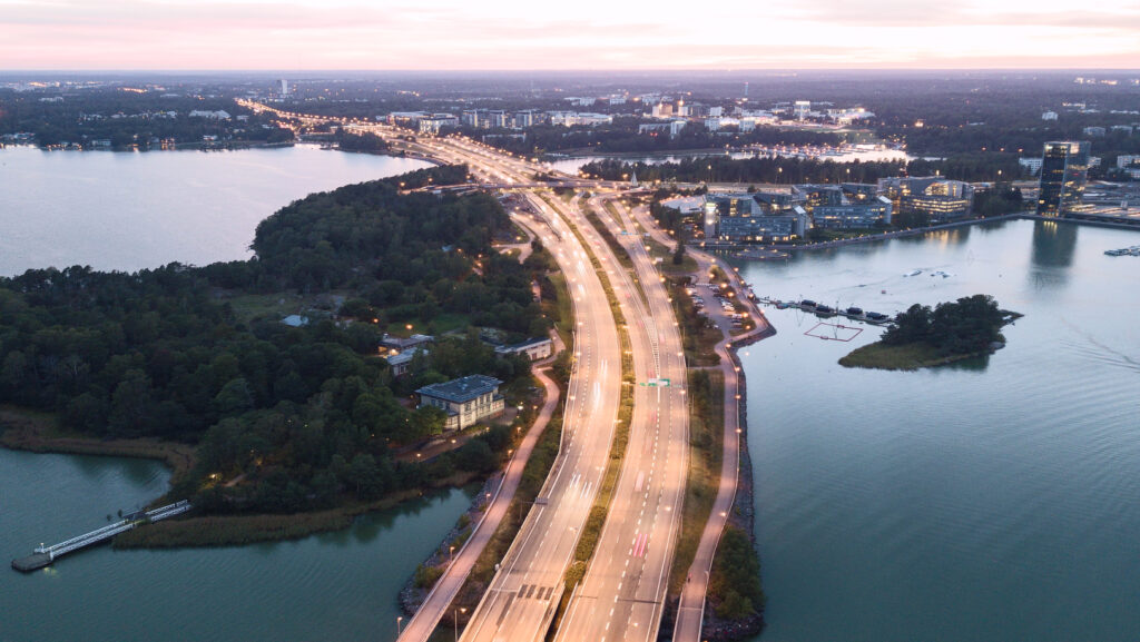 aerial view of Helsinki roads at night